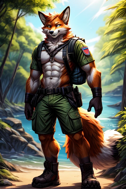 Masterpieces, furry, male, Anthropomorphic, red fox, veiny, thin body, age 20, Delicate eyes, furred body, war veteran, anime, depth of field, perfect lighting, light particles,(best quality),(masterpiece),(ultra detailed), sharp focus, light particles, detailed beach, on a hiking trip, green military short, shirtless, fierce look, soldier look, full body, six pack abs, backpack, digitigrade