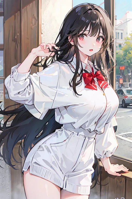 student, Italian features, 25 years old, very long black hair, busty,