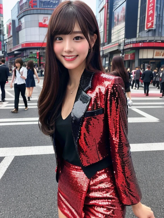 Young and beautiful woman in Japan,Angle from the front、 Attractive person, Red sequin formal suit(Tight mini skirt)、Whole Body Ezbian, Really cute face, Double eyelids on both eyes, Natural Makeup, Long eyelashes, Shiny, smooth, light brown medium length hair, Asymmetrical bangs, Sunburned skin, Looking at the camera, Walking alone with a smile through a big city scramble intersection, Head Frame, Center image, Front view, 8k resolution, Attention to detail, Detailed hairstyle, Detailed face, Iris, Spectacular movie lighting, Octane Rendering, Vibrant, Ultra-realistic, Perfect limbs, Perfect Anatomy