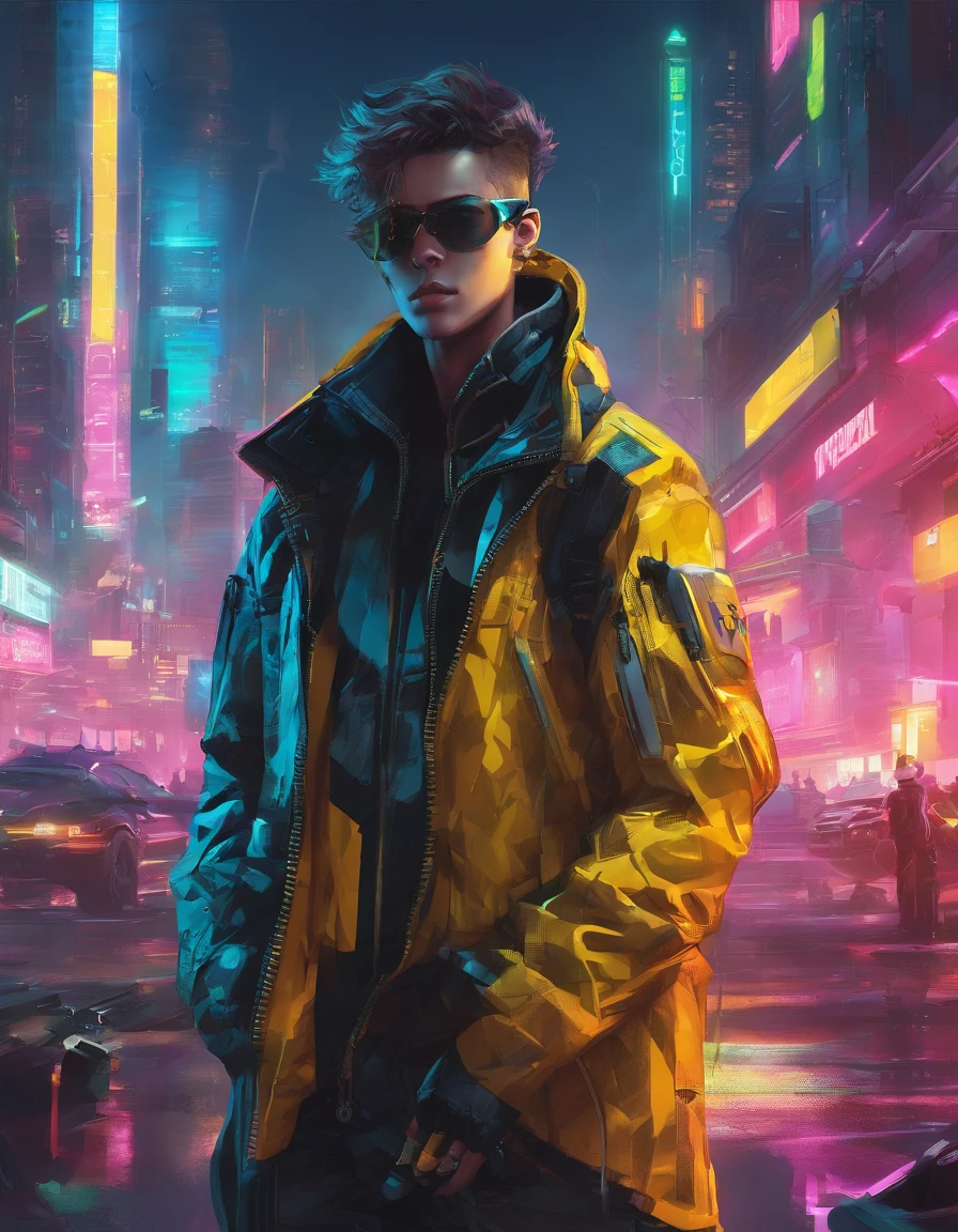 teenage boy, yellow eyes; black jacket, militar clothes, a (corpo maravilhoso: 1.2), (corpo completo: 1.2), (dynamic posture :1.2), neon glow, (detailed city:1.1), primeiro plano (hiperrealista:1.2), RPG, estilo cyberpunk 2077, dramatic lighting, (Paisagem urbana futurista altamente detalhada:1.2), (Science fiction: 1.2). 1.2), fotografia de retrato profissional, por wlop greg rutkowski jeffrey simpson alphonse mucha