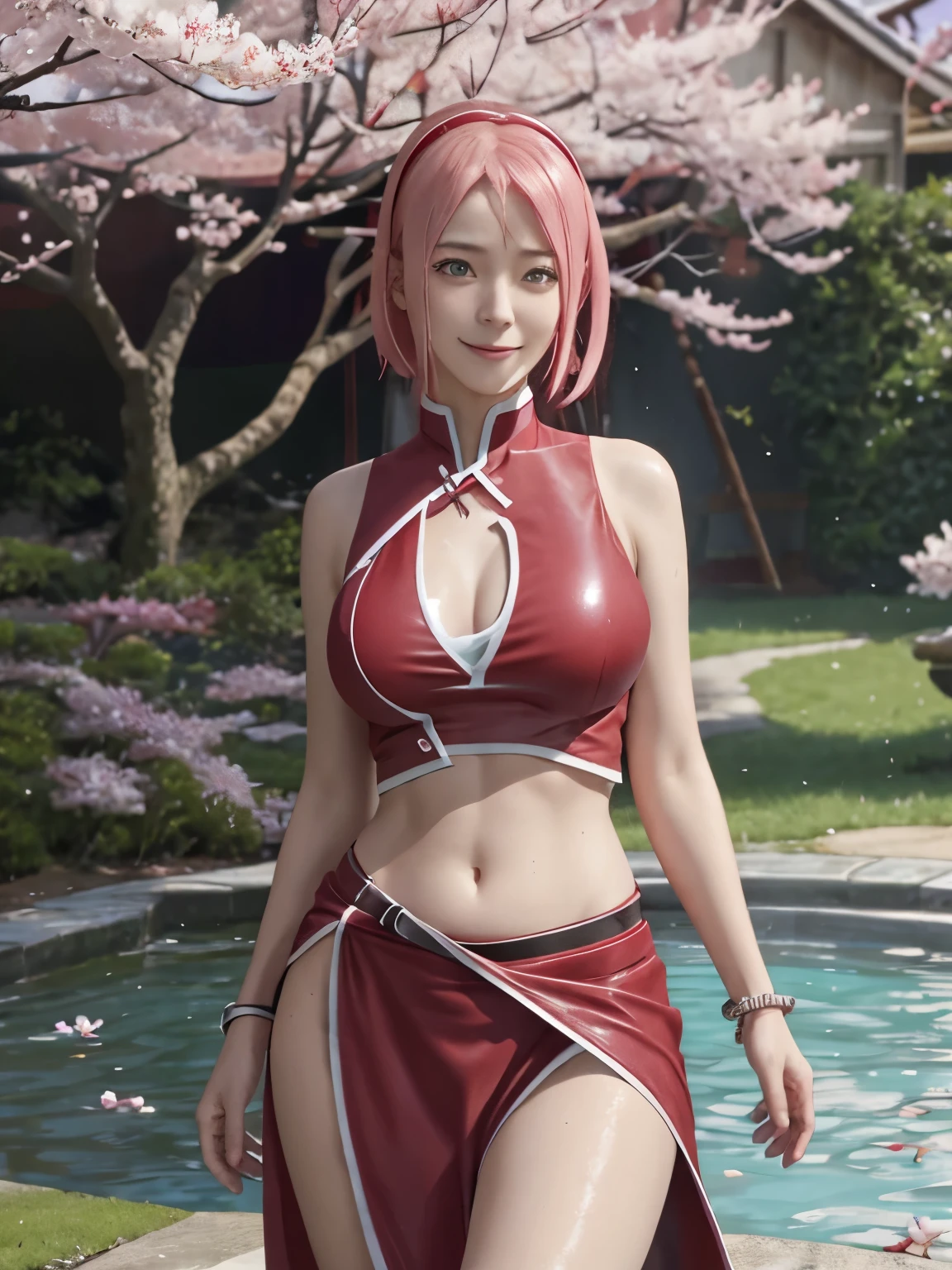 Realistic, Photorealistic,Cowboy shot,Masterpiece, absurdress ,1girl, haruno sakura, forehead mark, red hairband, red sleeveless dress, black mini panties, wet skin, bellybutton, groin, A bracelet, looking a viewer, Smile, cherry blossoms, Private garden, the wind, Floating hair, big breastes ,(((wide hips))), Toned body, Detailed eyes,