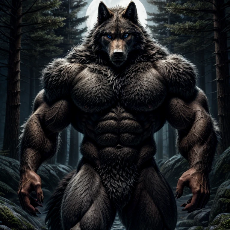 Make a furry werewolf with completely black fur plus realistic furry hands with blue pupils of a common wolf without glowing, com musculos super enormes, pernas musculosas, muscular arms with defined abdomen and large chest, well detailed and hot inside a forest at night, posing attractively looking at the viewer, totally now