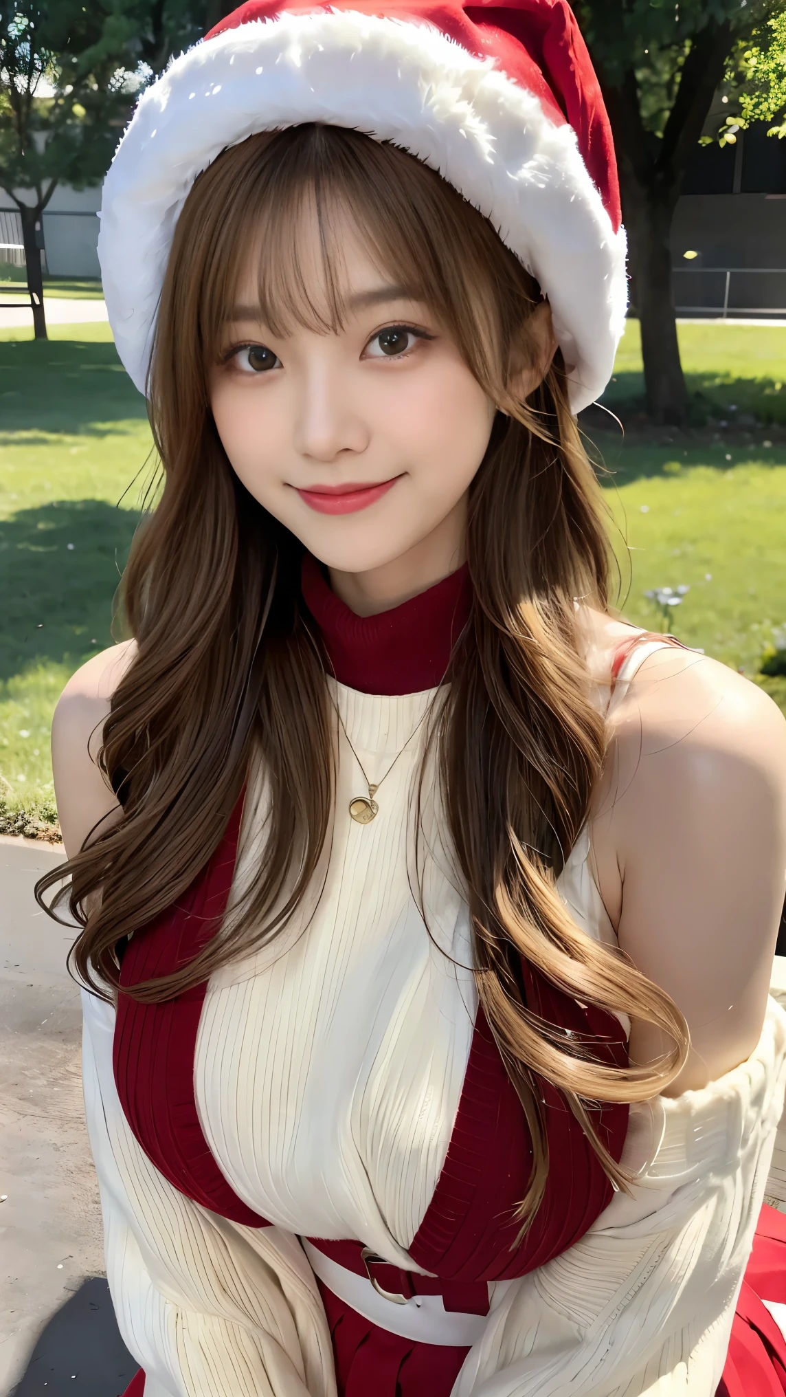 23 is a novel, Long dark blonde wavy hair、Santa Claus Costume、Red and white knit hat、White turtleneck sweater, Puffy nipples、white and red pleated skirt、,Medium Milk, Cute Smile、(lean forward to emphasize the chest)、、Beautiful Necklace、Red High Heels、sexy lace panties、Visible shot of the whole body、On the grass in the park、Squat on your knees、Cute smile with upward glances
