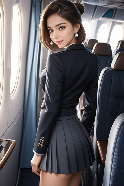 highest quality, Very detailed, masterpiece, 1 person,woman,(((完璧なwomanの体))),Very beautiful face, Very beautiful body,Gentle expression, Very beautiful eyes,(Perfect Makeup:1.1),Hair Bun,short hair,Shaggy Hair,Chestnut Hair:1.3, Very thin body,Smart Abs, ((CA Uniform:1.4)),necklace,anklet,A kind smile,Full body portrait,(Airplane interior background:1.1), (Shiny skin),(Earrings),GGX Heel,Are standing, Sticking your ass out to the camera, Shrapnel, ((Protruding buttocks)), Formal Long Skirt,Black Pantyhose,