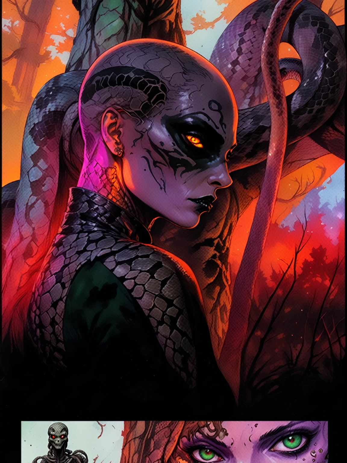 Medusa, splash page decompressed comic cover art, ink style figure,((expressive Joelle Jones and "Sean Gordon Murphy" comic drawing)), wordless, cinematic poster, double exposure, optical illusion, image within image, abyss void black no visibility darkness, full length portrait, (background, pine barrens, entropy, rewilding, magic hour sunset, galaxy stars, cosmos), (horror, abstract, surreal, body, cosmic), candid, snake skin dress, morphology anatomy drawn Frederic Delavier musculature anatomical illustration, (face, ornate black metal corpse paint, resembles Grace Jones), (body, Naga, snakefolk, lower body snake tail, snake woman hybrid, bald, hairless, skeleton, snake skin tattoos, piercing eyes, snake pupils, over the shoulder), (colors, bleak muted deep fiery radiant glowing ROYGBIV, forest green, earth brown), craftsmanship nuance, (Gerardo Zaffino charcoal), subliminal orchids, nyctophobia, silhouette