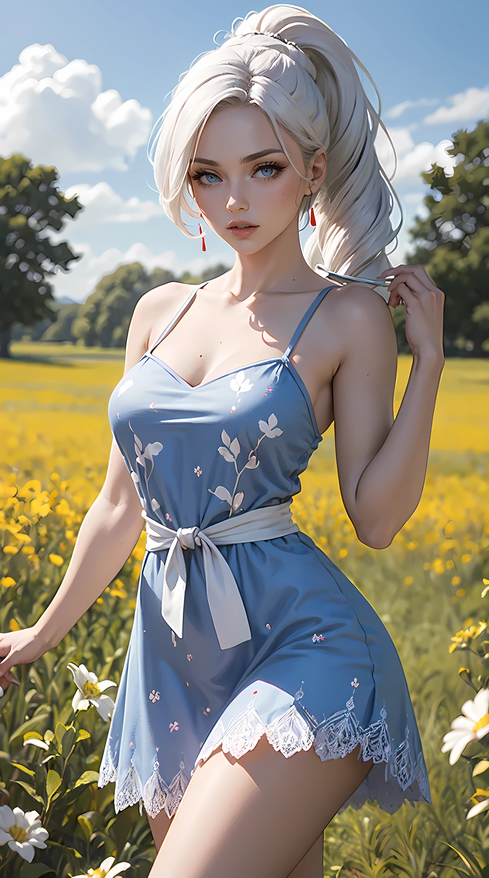 Beautiful white hair woman is shown to have a slender figure. She is wearing a  beautiful detailed printed summer sleeveless spaghetti strap dress, jewelry, ponytail, she has blue eyes,Girl standing outside in a field, sexy session, poseing, cowboy shot, superior quality, many details, realistic