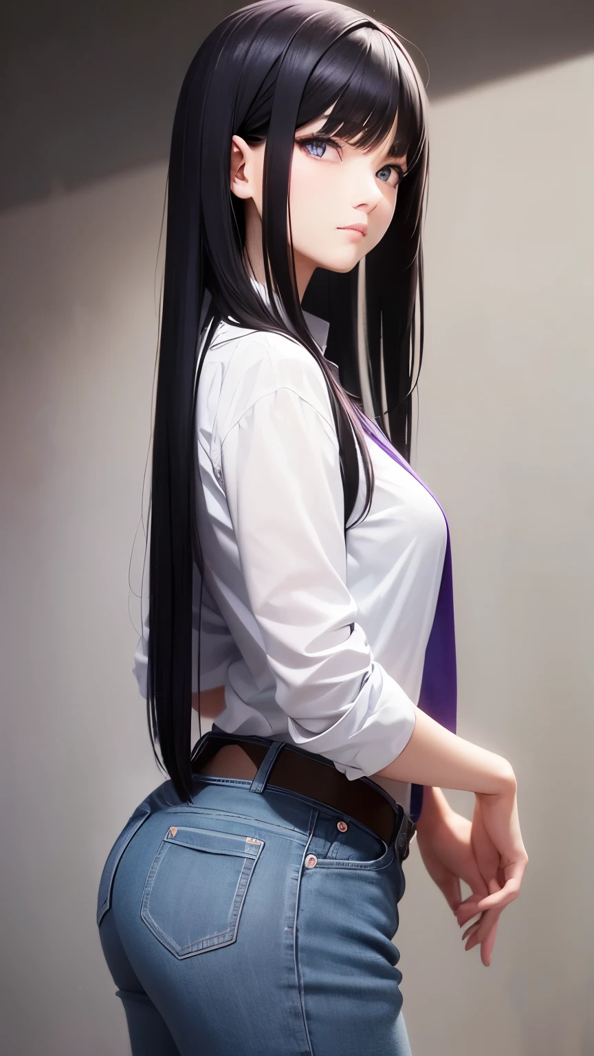 Black Hair，Straight Shortcut，Cool women，Slightly fished，Purple Eyes、Double、Standing facing straight ahead，beautiful girl，Adult women，Calm expression