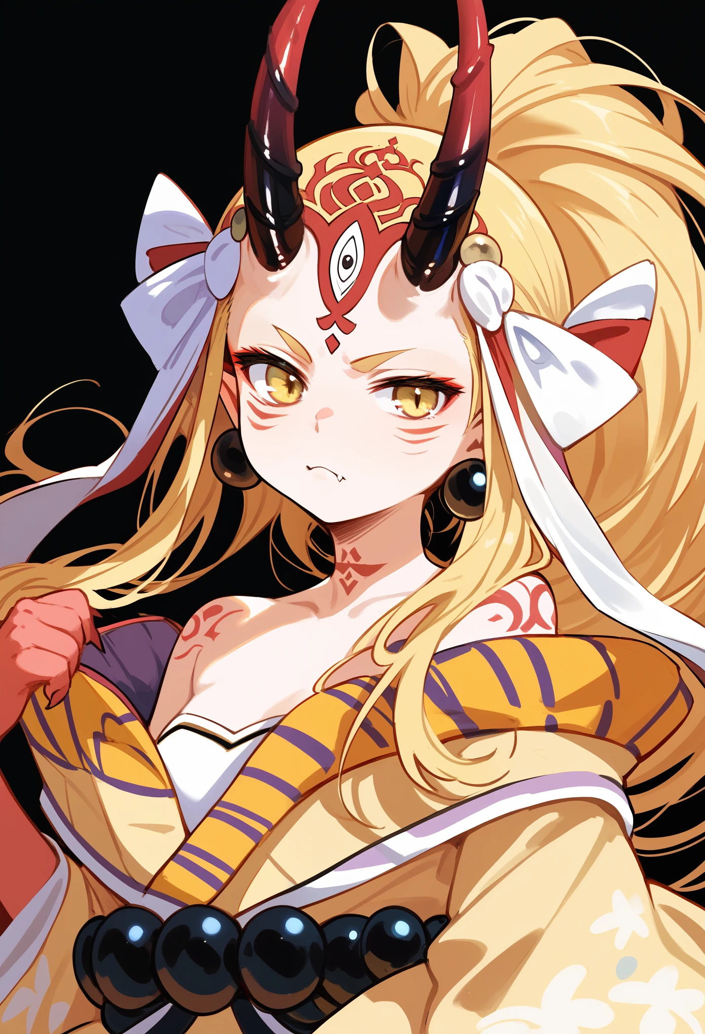 masterpiece, best quality, (score_9, score_8_up, score_7_up), 1girl, solo, close-up, long hair, blonde hair, sidelocks, yellow eyes, pointy ears, facial mark, tattoo, forehead mark, oni, horns, neutral, serious, looking at viewer, japanese clothes, yellow kimono, headdress, earrings, jewelry, beads, off-shoulder, wide sleeves, upper body, black background, 