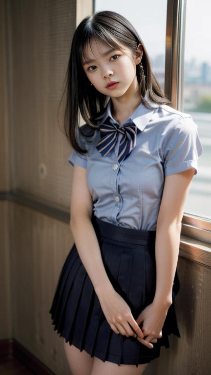 (masterpiece, highest quality:1.2), (Realistic, photoRealistic:1.4), High resolution, RAW Photos, 8k, Very detailed, Ultra high definition, Cinema Lighting, Depth of written boundary, (Portraiture), View your viewers, (((Front view, From below))), alone, One girl, high school girl, Idol of a 16-year-old Japan, Fine skin, Pale skin, Black Hair, short hair, Bob Hair,
Long eyelashes, Flat Chest, Slender body, thin,
Detailed face, Fine grain, Lips parted,
((High-quality fabric, knit cardigan, Short sleeve collared shirt, Navy Pleated Skirt, Micro Mini Skirt, bow tie)),
(((Thighs, Thighs丈))),
(Standing in classroom), (Beautiful views), Daytime,