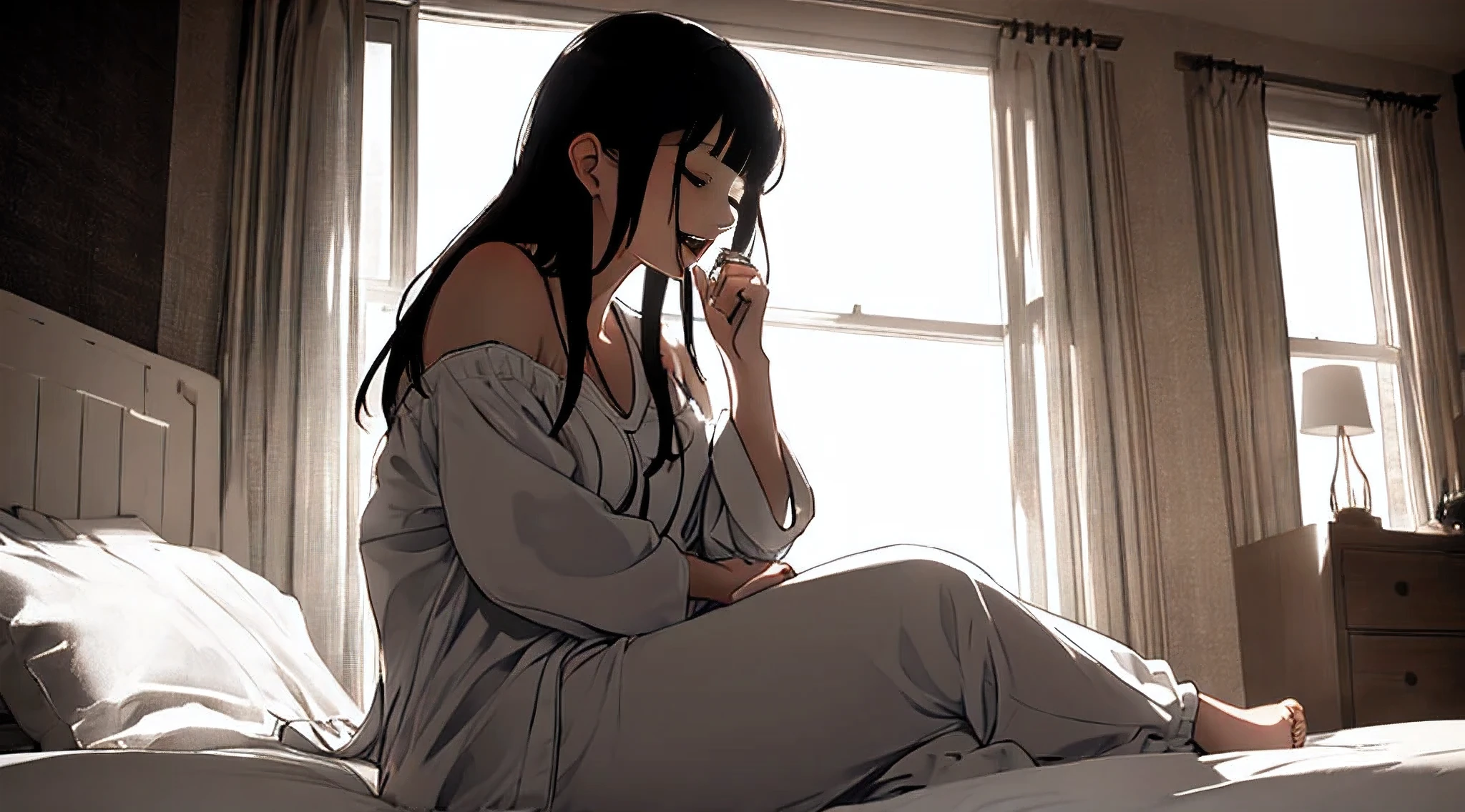 ((high quality))((only one woman))((one white feather))((singing)) holding hands ((opening mouth))(closed eyes), motherly tenderness, bedroom, backlit ((female woman looking down)), (pure smile) long black hair, white loungewear, cool woman, singing lullaby, looking from woman to camera below from heaven, woman's face with her knees, soft smile, backlit, hair hanging over ears with fingers