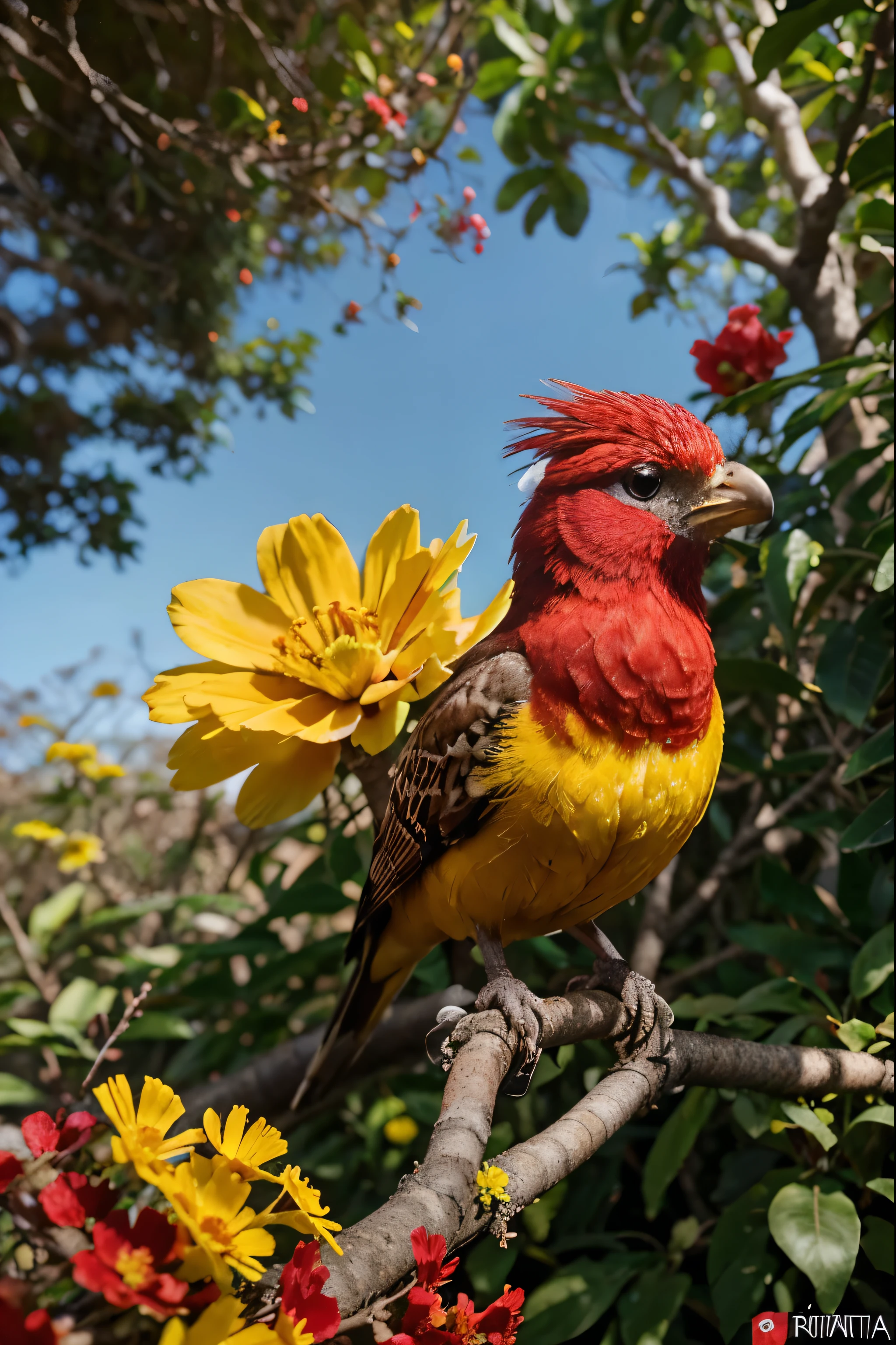 Uma pomba vermelha, perched on a tree branch with yellow flowers, no meio de um jardim exuberante, com borboletas coloridas voando ao redor, em um dia ensolarado de primavera, irradiando harmonia e alegria, illustration, digital, --ar 16:9 --v 5