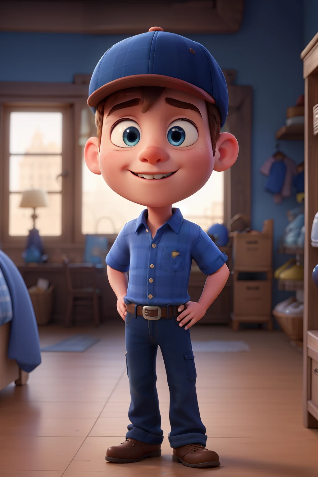 Boy with blue shirt and pixar style hat for store
