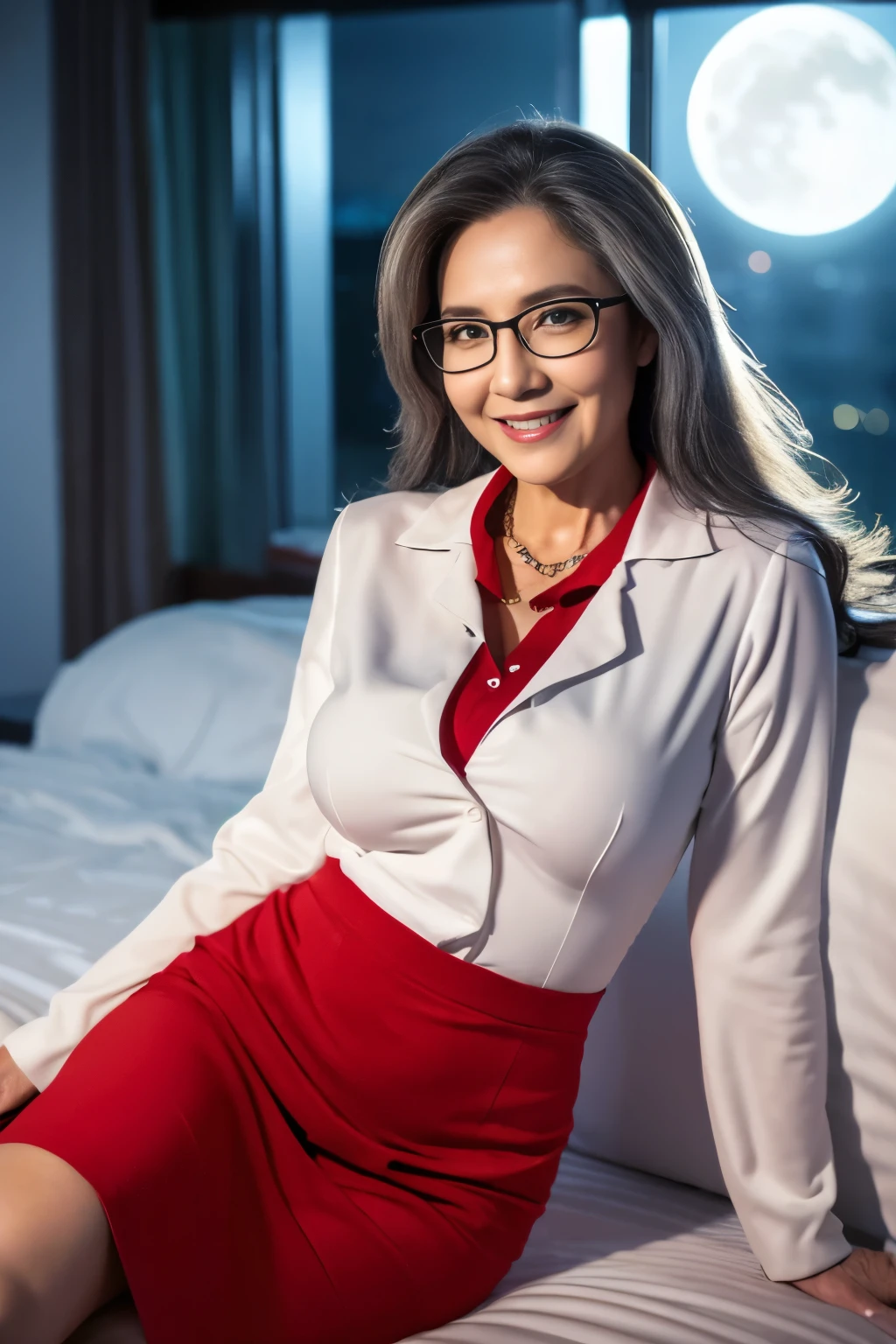 55-year-old woman with long white hair, seductive gaze, some wrinkles on her face, 8k, detailed background, utlra realistic, realism, exta realistic, wrinkles on body, hospital, white tight doctor suit, red long skirt sitting on hospital bed, tattoo, evening time moonshine, SFW, sexy doctor clothes with high neckline, glasses, beautiful night full moon outside the window, showing full body, full body, big titts, round breasts, looking at viewer from below, light smile, teeth indoors,soft lighting, extreme detail, hdr, long hair