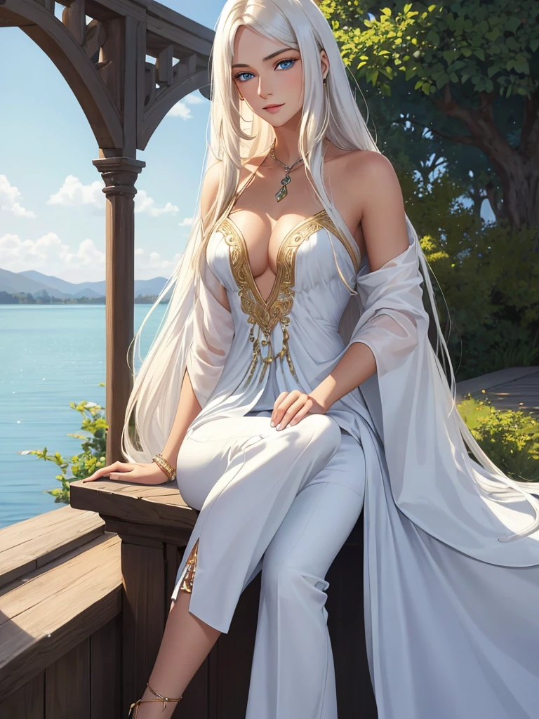 A tall, handsome, statuesque, courageous young man with long platinum hair, blue eyes, tanned skin is sitting on the shore of a lake, he is dressed in a white shirt and dark trousers, next to him sits an incredibly beautiful young golden-haired femme fatale with blue eyes, long golden hair, long bangs, dressed in a dress. They're in love. Masterpiece, perfect image, realistic pictures, detailed face study, full-length image, 8k, detailed image. extremely detailed illustration, a real masterpiece of the highest quality, with careful drawing.