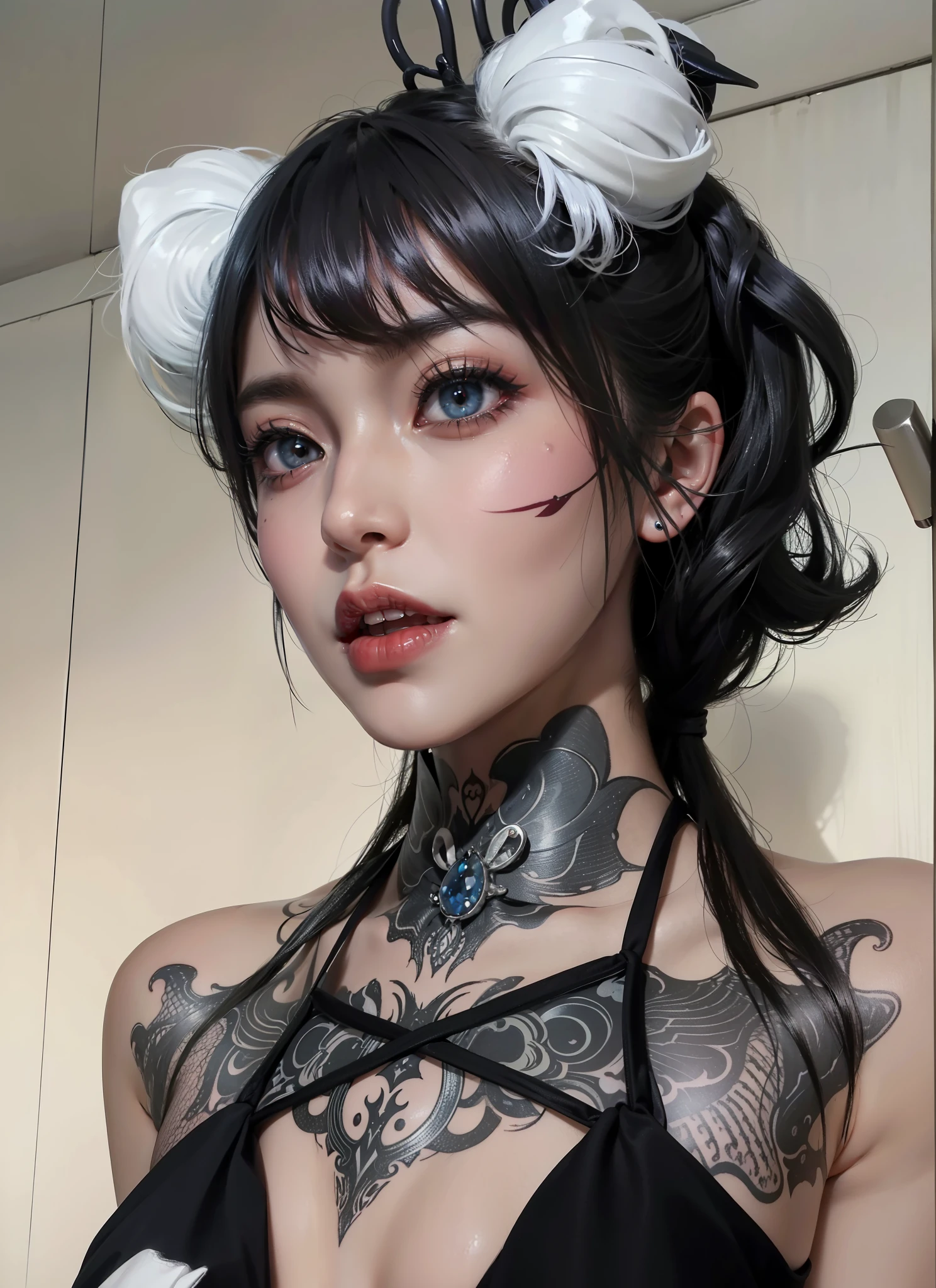 Detailed image quality，Witch Pandora，wing, Succubus Theme，堕落Angel，Excellent，scary，Secret Terror，Tentacles，With eyes，Uncanny Valley Effect，Beast Blood Moon，skeleton，vampire，Hellfire，Dark Queen，Angel，magician magic witch，16岁Angel，Eyes are blue(Pupils as deep as the starry sky)，Gorgeous tattoo designs all over the body，Rostow Photos(8K picture quality，Rich in details)，Dark eyeshadow，Tattoo Queen