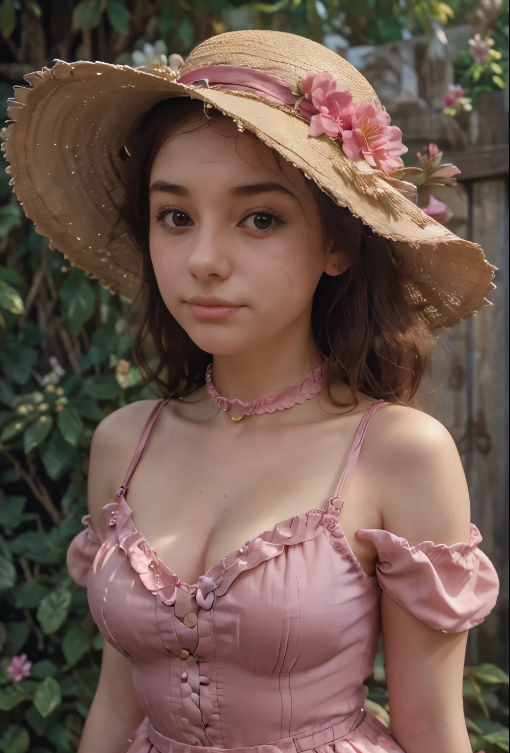 arafed woman in a pink dress and straw hat posing for a picture, with straw hat, frilled blooming collar, pale fair skin!!, 🌺 cgsociety, very pretty face, rosy cheeks, sadie sink, wearing a chocker and cute hat, wearing 10s era clothes, victorian style costume, belle delphine, gorgeous kacey rohl