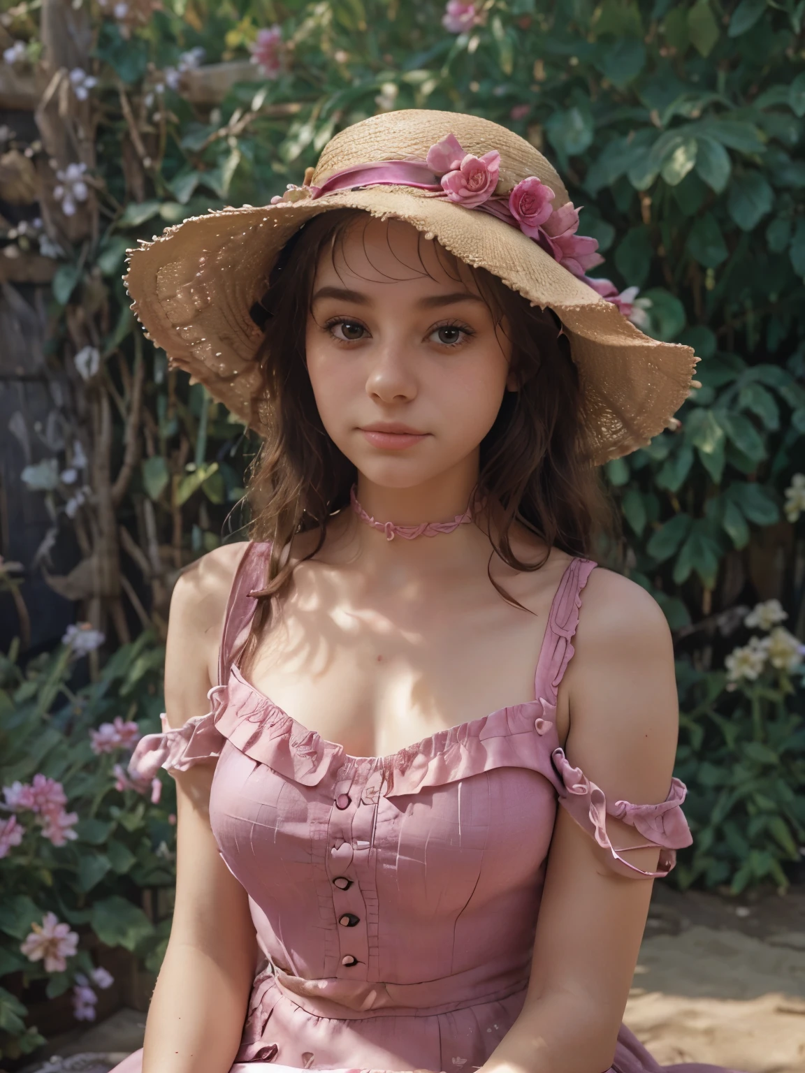 arafed woman in a pink dress and straw hat posing for a picture, a portrait inspired by Kate Greenaway, tumblr, renaissance, with straw hat, frilled blooming collar, pale fair skin!!, 🌺 cgsociety, very pretty face, rosy cheeks, sadie sink, wearing a chocker and cute hat, wearing 10s era clothes