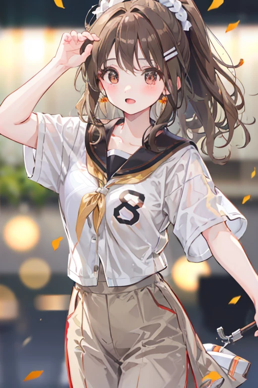 Italian girl, 25 years old, wavy brown hair, tied in a ponytail, graduation party