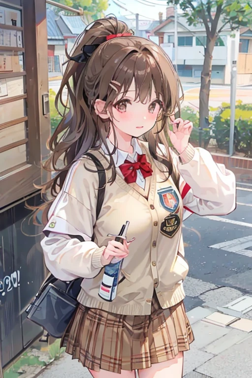 Italian girl, 25 years old, wavy brown hair, tied in a ponytail, graduation party