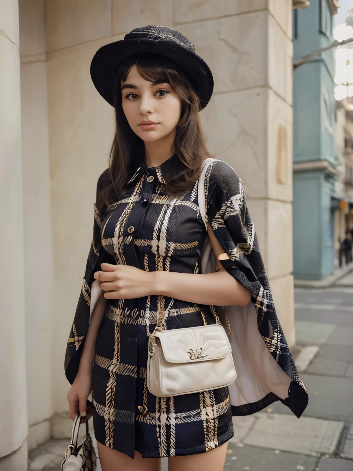 araffe woman in a plaid dress and hat with a white bag, 60s style, 6 0 s style, chequered cape, 1960s style, official dior editorial, retro 6 0 s fashion, look, vintage fashion, official vuitton editorial, 7 0 s style, marie - gabrielle capet style, olivia, by Anita Malfatti