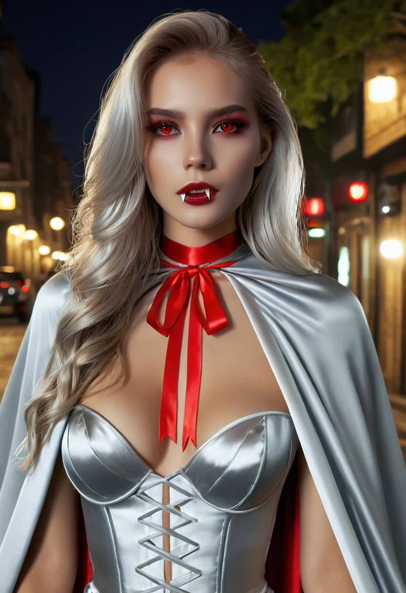 Vampyfangs1 , (RAW Photo) , (highly detailed:1.20) , ultra realistic :1.10) ,sexy girl in her 20s , (perfect face:1.20) , (detailed red eyes:1.20) , with long silver hair in ponytail , (((long silver satin cape tied at the neck with a ribbon :1.20))) , naked  , full body, walking down street at night , high-quality ultra realistic style, detailed eyes, professional, expressive , 8K , highly detailed , professional,