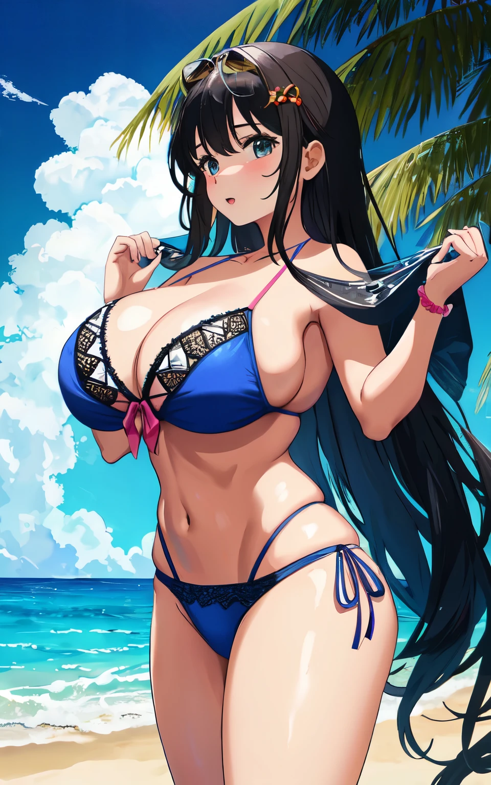 A 6 year old girl with huge breasts, wearing a lacy bikini swimming costume, on the beach, holding a man's penis in her hand, wearing a swim ring