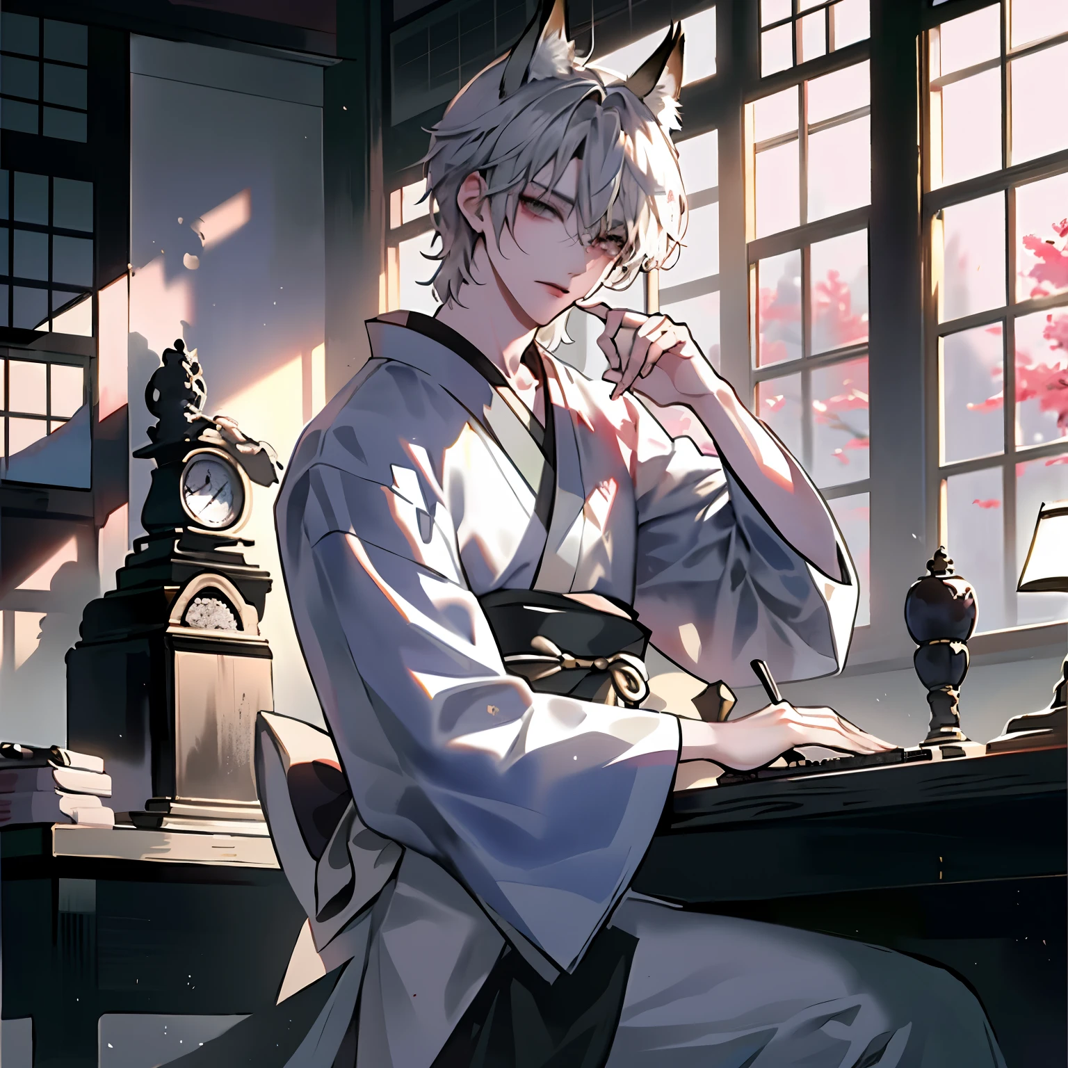 (masterpiece:1.2, highest quality), (Beautiful Eyes: 1.2), ((One Man)), ((alone)), ( Beautiful and vivid background: 1.2), (Very detailedなCG, Very detailed, Best Shadow: 1.1), ((Depth of written boundary)), ((watercolor)), (They are: 1.5), (kimono: 1.3), Beautiful concept art,
male、handsome、Silver Hair、Shoulder-length hair、Fox Ears、Fox's Tail、Wearing headphones、A kind face、The voice is low、silver、kimono姿、Wearing a robe、
(figure: 1.1), (Very delicate: 1.1), (Perfect detail: 1.1)、
lo-fi、Working while looking at a computer