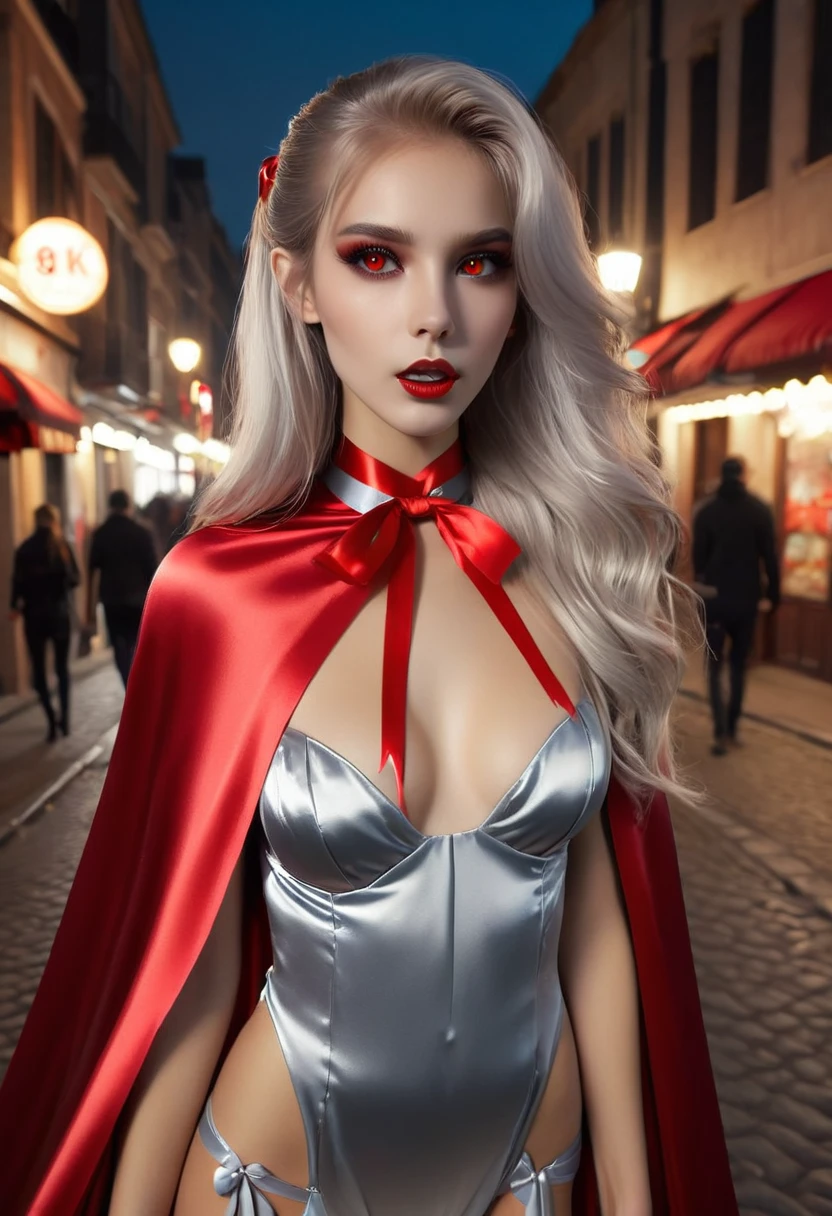 Vampyfangs1 , (RAW Photo) , (highly detailed:1.20) , ultra realistic :1.10) ,sexy girl in her 20s , (perfect face:1.20) , (detailed red eyes:1.20) , with long silver hair in ponytail , (((long silver satin cape tied at the neck with a ribbon :1.20))) , naked  , full body, walking down street at night , high-quality ultra realistic style, detailed eyes, professional, expressive , 8K , highly detailed , professional,