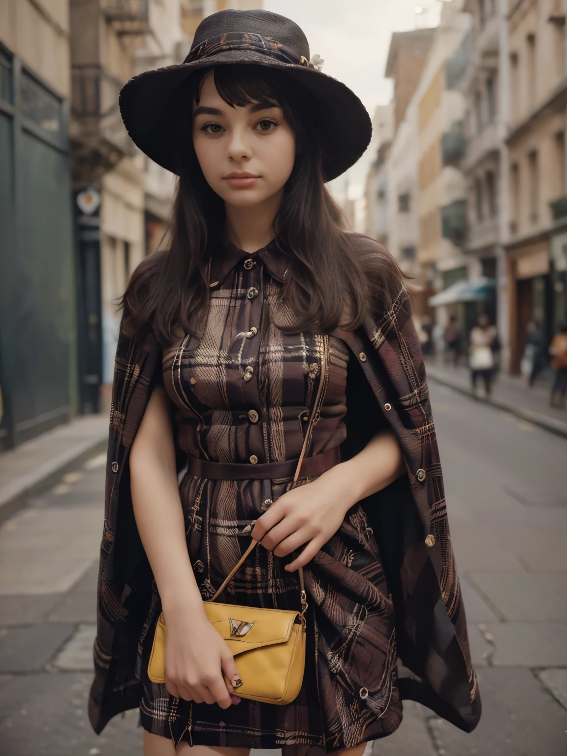 araffe woman in a plaid dress and hat with a white bag, a photo by Anita Malfatti, tumblr, renaissance, 60s style, 6 0 s style, chequered cape, 1960s style, official dior editorial, retro 6 0 s fashion, look, vintage fashion, official vuitton editorial, 7 0 s style