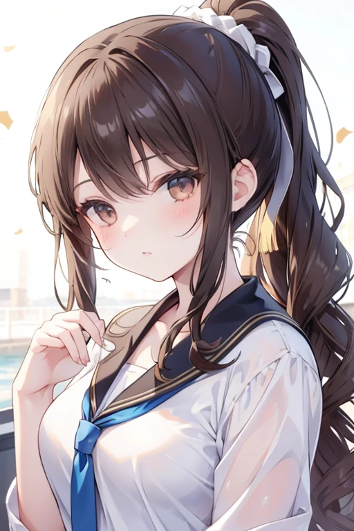 Italian girl, 25 years old, wavy brown hair, tied in a ponytail, graduation party
