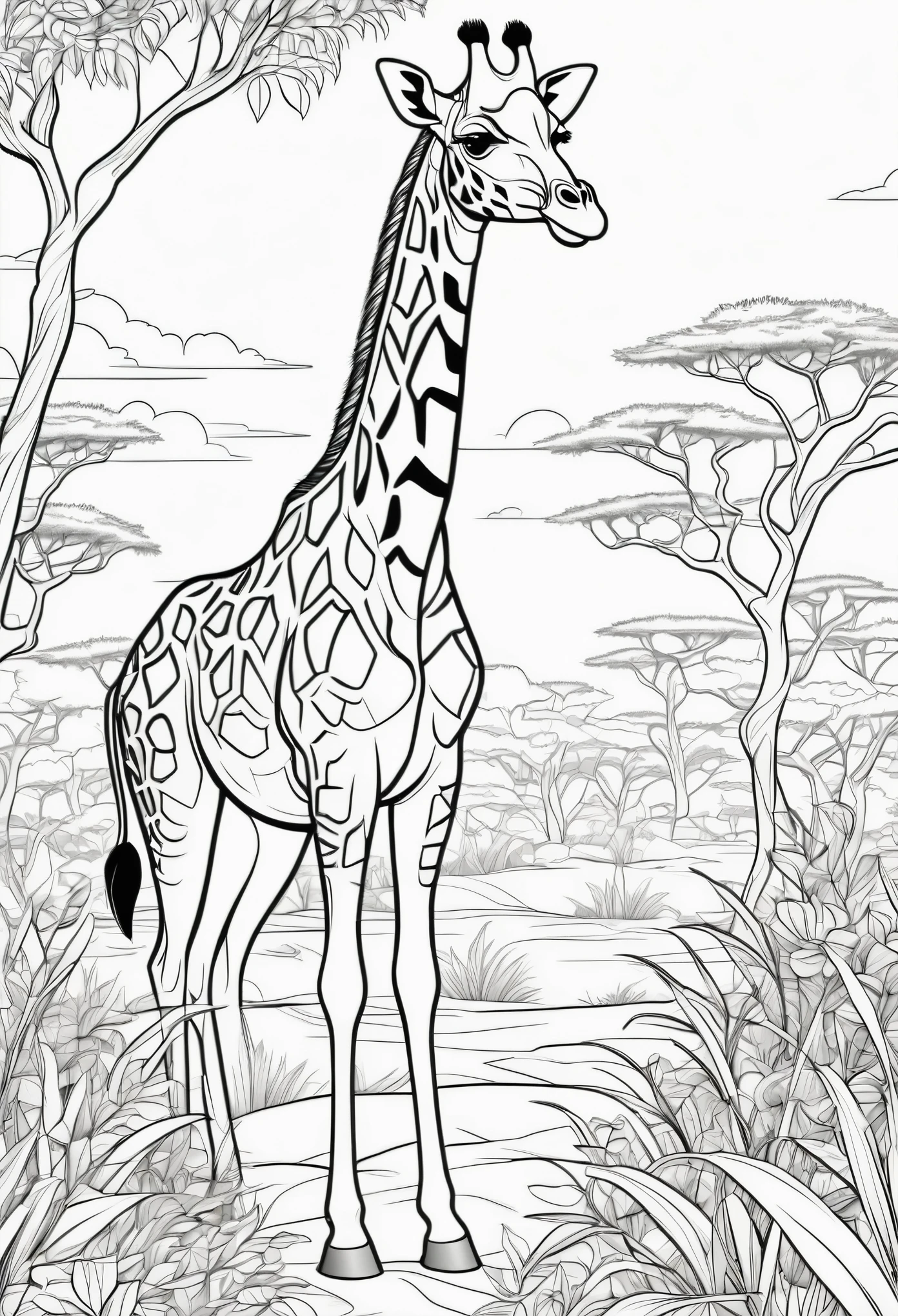 coloring page for kids, giraffe in the african Savana with lots of bushes, cartoon style, thick lines