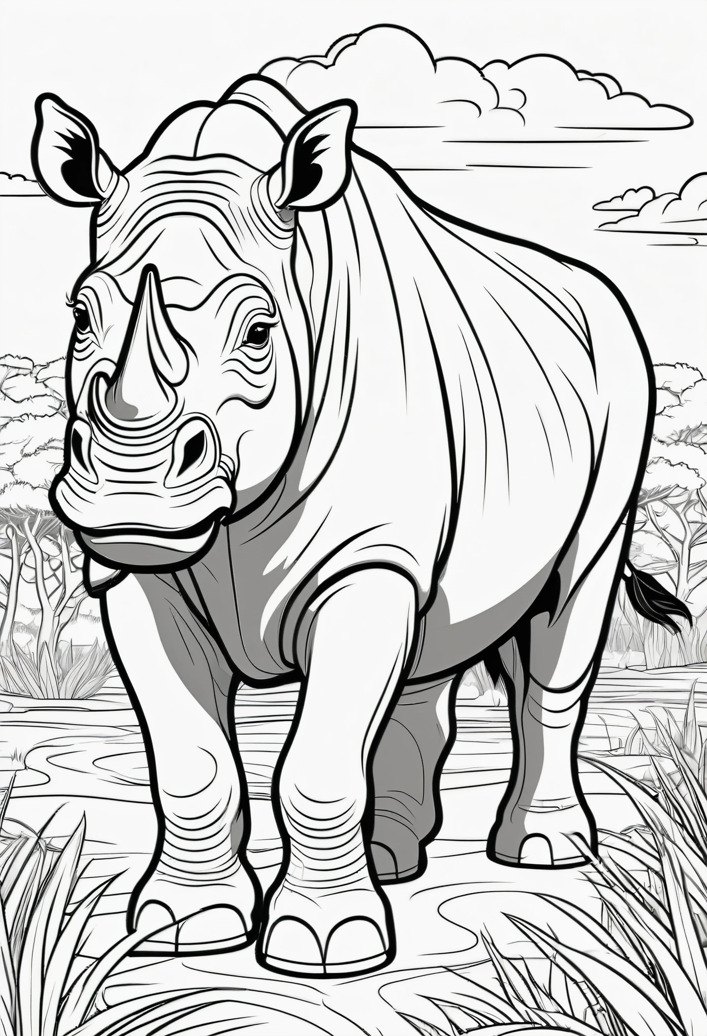 coloring page for kids, rino in the african Savana, cartoon style, thick lines