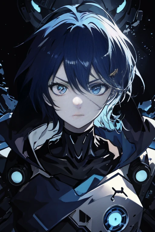 (anime girl with blue eyes), best anime 4k konachan wallpaper, with glowing blue eyes, anime robotic mixed with organic,blue cyborg eyes, anime cyborg, cyberpunk anime girl mech, mecha asthetic, his eyes glowing blue, a teen biopunk cyborg, anime manga robot!! anime girl, metal and glowing eyes, (zoom:1.5), cool expression, face in profile