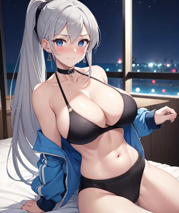 (((masterpiece))), ShizukaMikazuki, One Girl, alone, View your audience, Long Hair, Gray Hair, Long sleeve, Cleavage, Huge breasts,clavicle, Mature Body,Glamorous Body,Trained abdominal muscles,Make your face a little smaller,Make your breasts bigger,tall,Blushing,High Ponytail,Blouson, Open clothes, open Blouson, blue Blouson,nude,Black sports bra,Black hot pants, Play sports often, Choker with charm,Earrings,Belly piercing,Embarrassed expression,blue eyes,Bed with night view,look at the camera,Sweat all over,Bring your face closer to the camera,Smile gently,Cross your legs and lean slightly forward