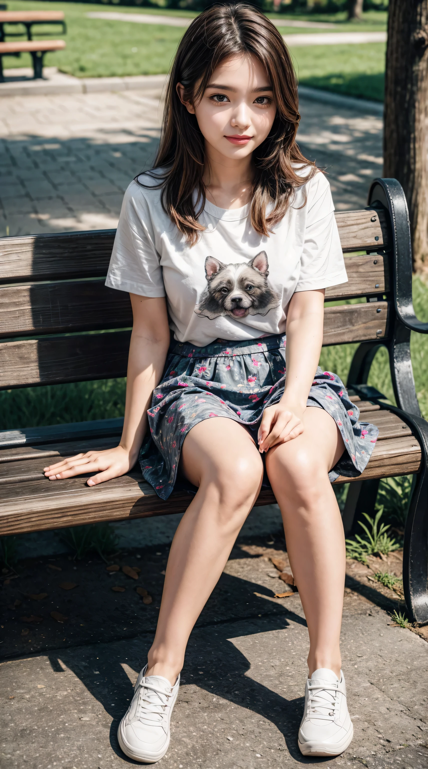 best quality, A woman sitting on a bench , summer_skirt, dogs printed in the skirt