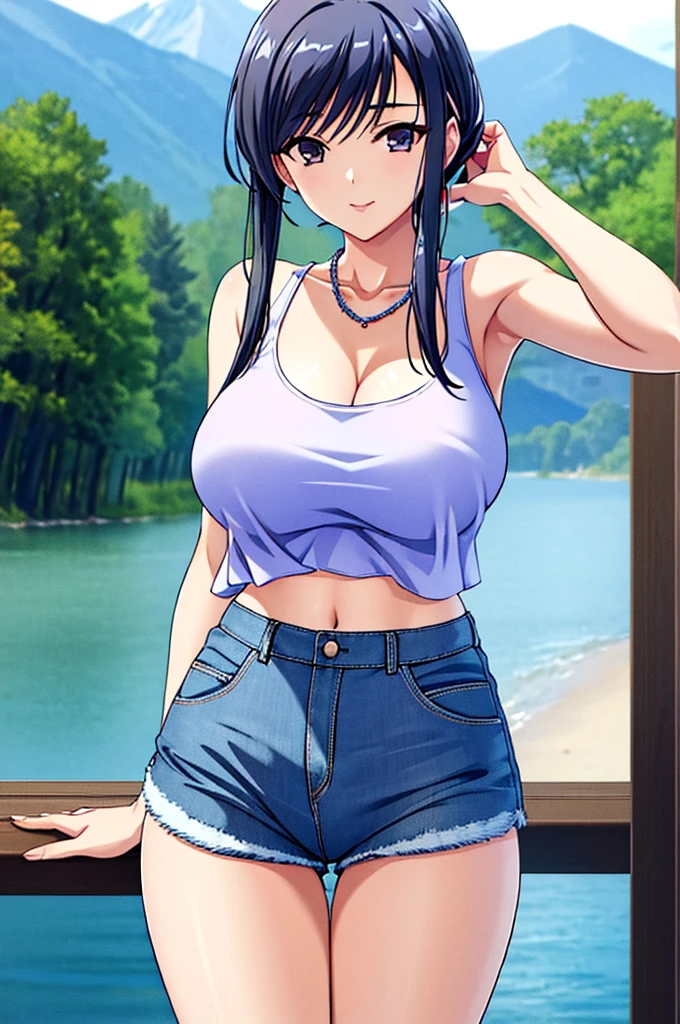 Ayako Hiiragi | Walkure Romanze, masterpiece, best quality, attractive sexy mature woman in denim shorts standing on railing by lake with mountain in background, 1girl, tank-top shirt, breasts, shorts, solo, navel, jewelry, smile, black shirt, outdoors, cleavage, looking at viewer, necklace, bare shoulders, denim, thighs, front tied shirts, mountain, bangs, collarbone, day,