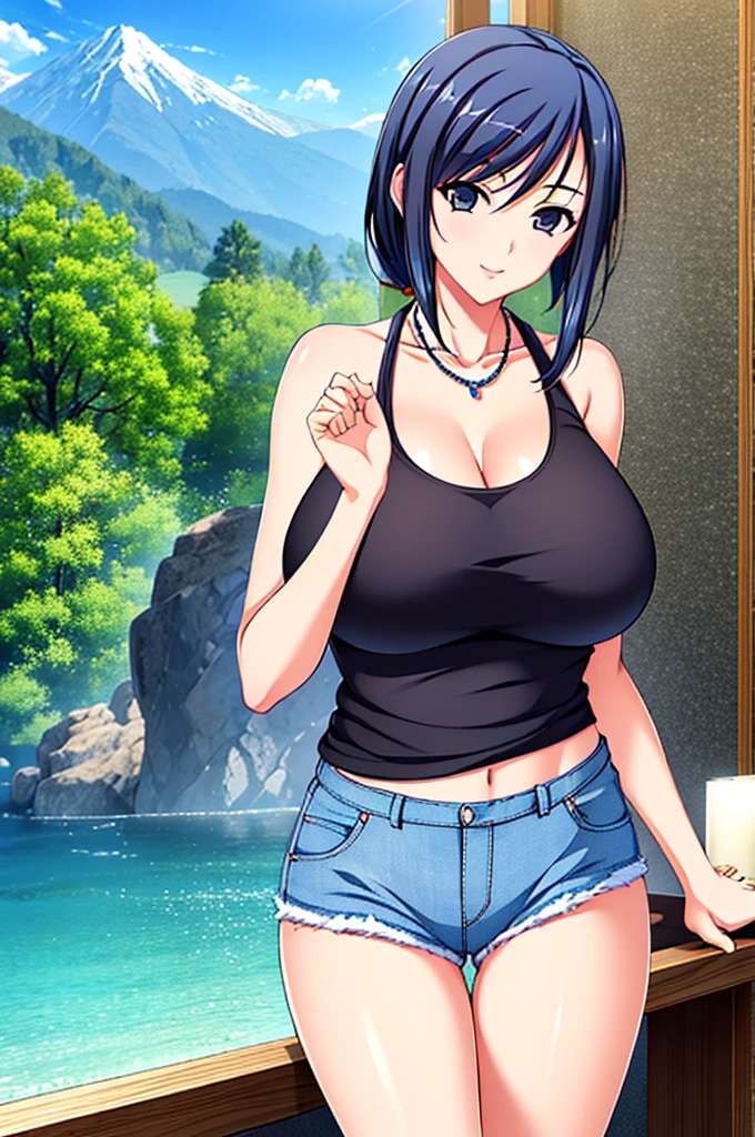 Ayako Hiiragi | Walkure Romanze, masterpiece, best quality, attractive sexy mature woman in denim shorts standing on railing by lake with mountain in background, 1girl, tank-top shirt, breasts, shorts, solo, navel, jewelry, smile, black shirt, outdoors, cleavage, looking at viewer, necklace, bare shoulders, denim, thighs, front tied shirts, mountain, bangs, collarbone, day,