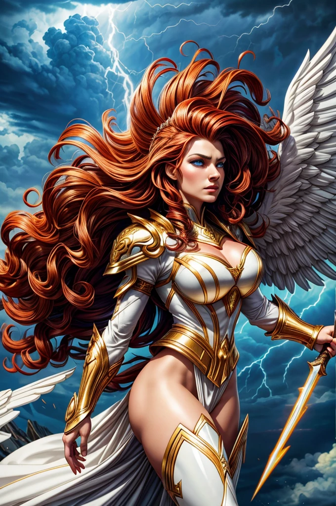 glorious victory scene,vivid colors,beautiful vintage warrior woman with very big white open wings,beautiful angry face,curly long hair,white armor with gold embroid details, dynamic angle, storm sky and lightning clouds background