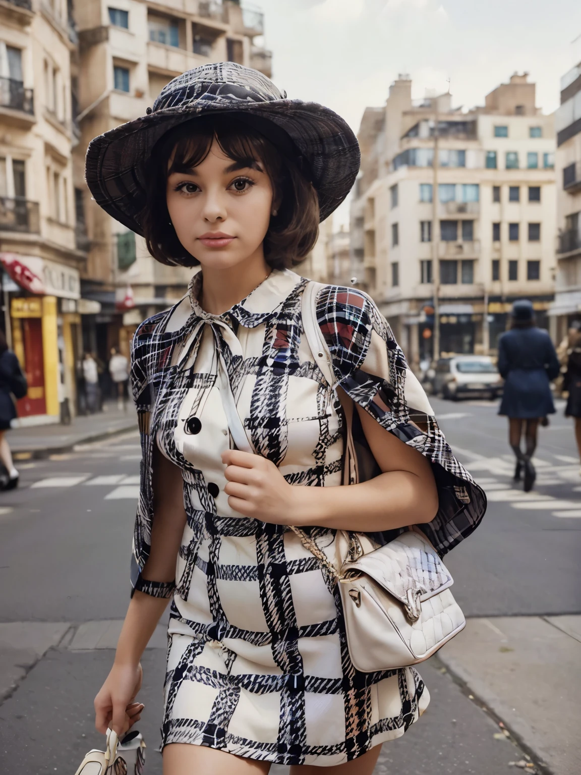 araffe woman in a plaid dress and hat with a white bag, 60s style, 6 0 s style, chequered cape, 1960s style, official dior editorial, retro 6 0 s fashion, look, vintage fashion, official vuitton editorial, 7 0 s style, marie - gabrielle capet style, olivia, by Anita Malfatti