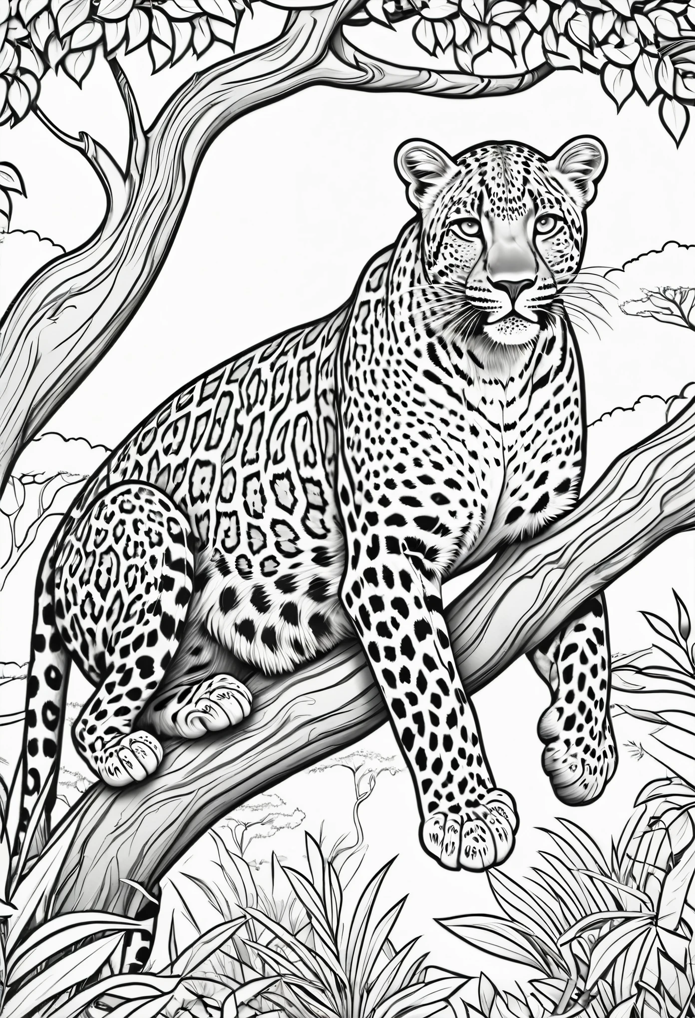 coloring page for kids, leopard in a tree in the african Savana with lots of bushes and trees, cartoon style, thick lines
