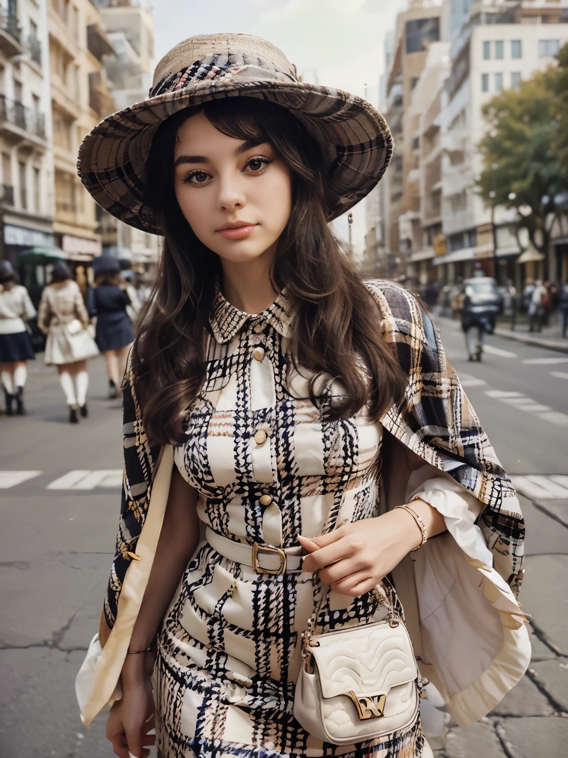 araffe woman in a plaid dress and hat with a white bag, 60s style, 6 0 s style, chequered cape, 1960s style, official dior editorial, retro 6 0 s fashion, look, vintage fashion, official vuitton editorial, 7 0 s style, marie - gabrielle capet style, olivia, by Anita Malfatti