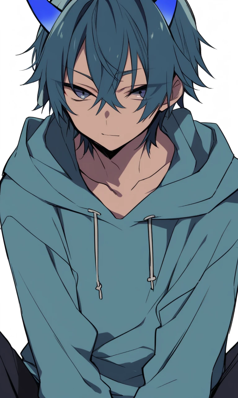 Anime.1boy.malefocus.cyan hair.cyan hoodie.blue horn.