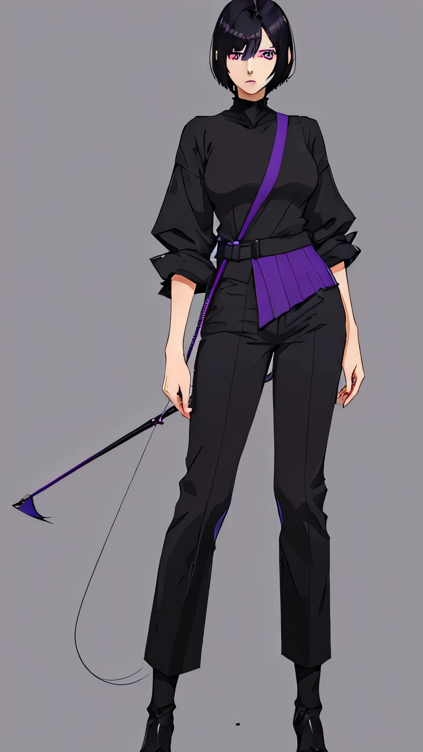 Black Hair，Straight Shortcut，Cool women，Slightly fished，Purple Eyes、Double、Standing facing straight ahead，Adult women，Calm expression，Plain background