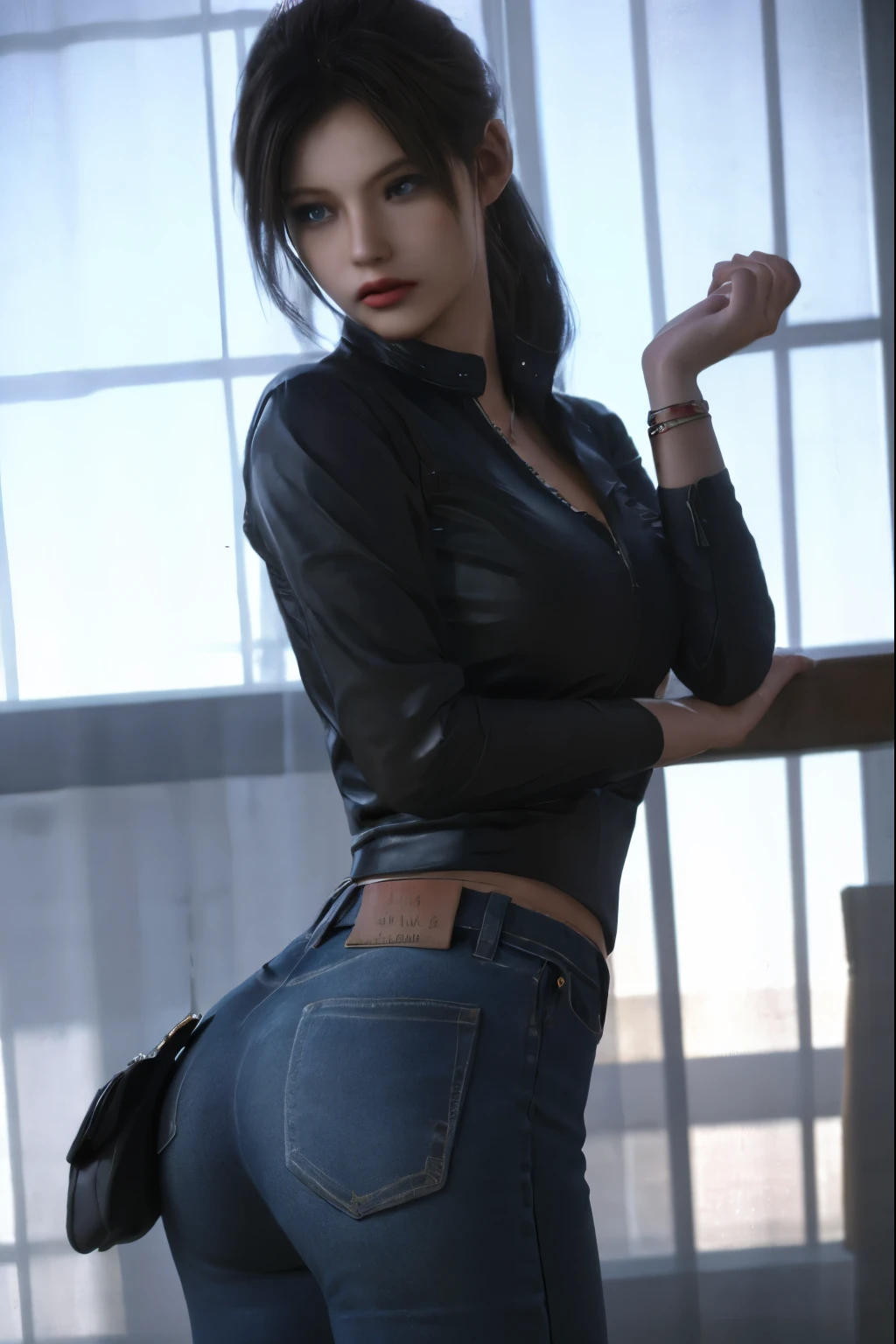 Female in her 20s, back-view, blueish grey hair, ultra realistic concept art, Naked nude, thrust out one's hip, Spread your legs slightly apart, sexy smile, Ass POV, (angle from below:1.4), leather jacket