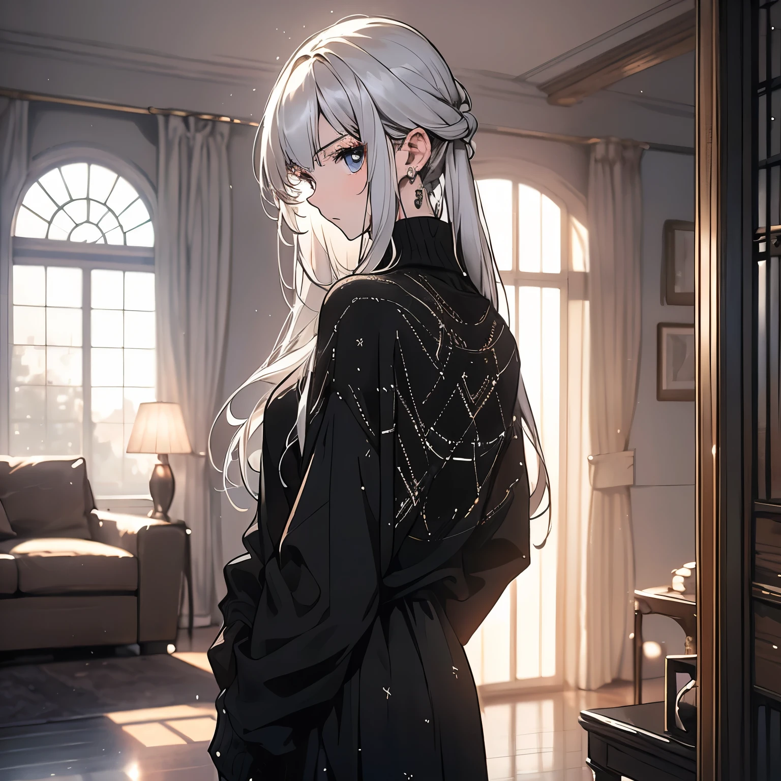 A white hair,20-year-old girl in a black sweater,Standing with my back to the living room of the house,Expression of indifference,frown(Upper body display:1.5)(cinematic lighting:1.5))(ultra-high detail:1.5)(best quality:1.5)