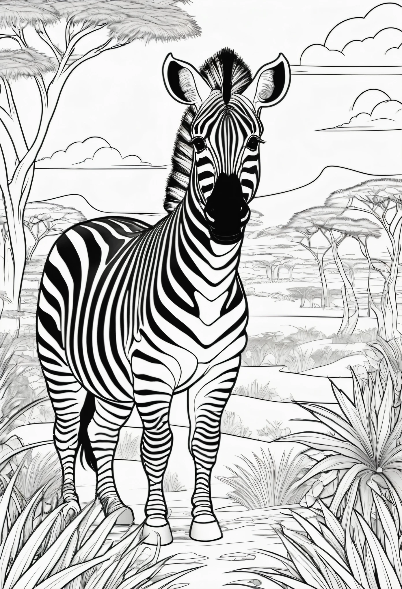 coloring page for kids, zebra in the african Savana, cartoon style, thick lines