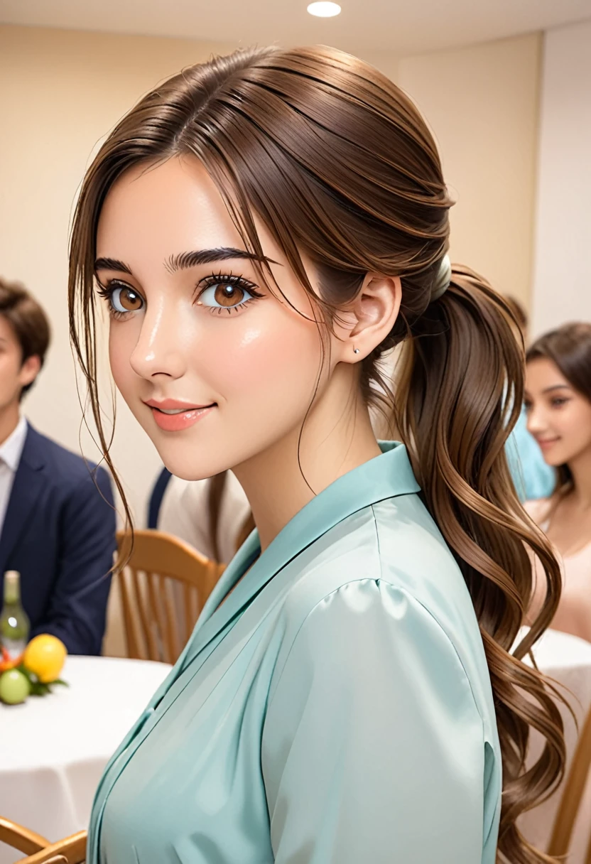 Italian girl, 25 years old, wavy brown hair, tied in a ponytail, graduation party