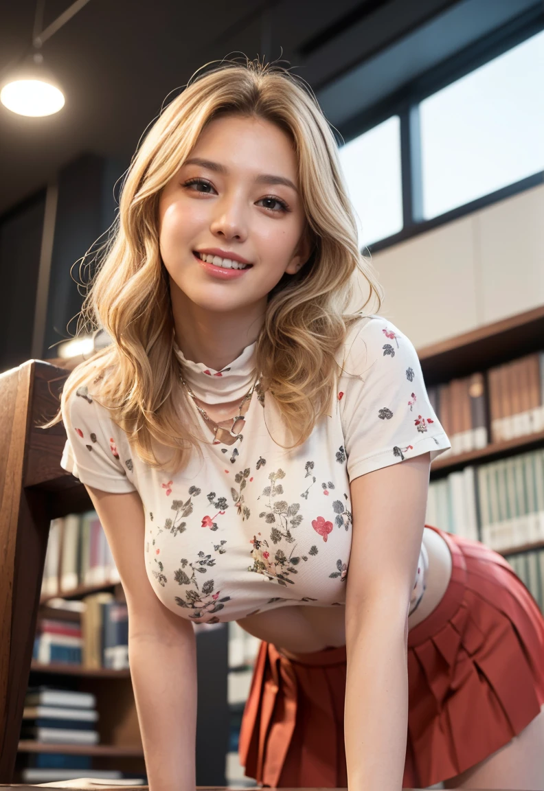(((neat woman,Bright-eyed excitement,kind big smile,blush,blush,red cheek,please touch me,tempting viewer,i want you))),(((from below,looking down,all fours on the huge desk))),((((blush,red cheek)))),(cinematic lighting), (Photo real:1.4)、(A hyper-realistic:1.4)、(Photorealistic:1.3)、 (gentle lighting: 1.05)、(Improve the lighting quality of your video:0.9)、 32k、25years old woman、photorealistic lighting、Back lighting、Facial Lights、Ray Trace、(bright:1.2)、(Increase quality:1.4)、 (best quality real texture skin)、Fair eyes,delicate face、 Close-up of the face,  ((Wearing the printed high-neck t-shirt,(no printed pleated skirt),high-heel),(Bodyline mood improvement:1.1)、Glossy skin、Korean Idol、Nogizaka Idol、good figure,perfect anatomy,Beautiful actress,(((beautiful large breasts,underboob,slender waist,slender hip,long slender legs,8heads tall))),(((8heads tall))),(((blonde wavy hair,curtain bangs))),(((in the beautiful modern office of library,super clean night view,in the night))),