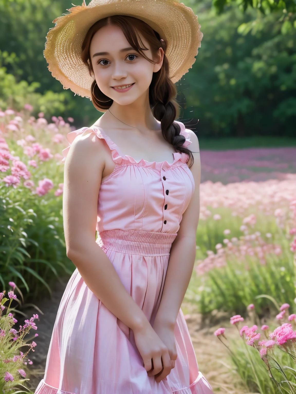 arafed woman in a pink dress and straw hat posing for a picture, a portrait inspired by Kate Greenaway, tumblr, renaissance, with straw hat, frilled blooming collar, pale fair skin!!, 🌺 cgsociety, very pretty face, rosy cheeks, sadie sink, wearing a chocker and cute hat, wearing 10s era clothes