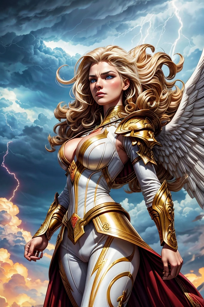 glorious victory scene,vivid colors,beautiful vintage warrior woman with very big white open wings,beautiful angry face,curly long hair,face to face with observer,white armor with gold embroid details, dynamic angle, storm sky and lightning clouds background